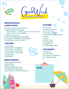 List of items to pack for a beach trip.