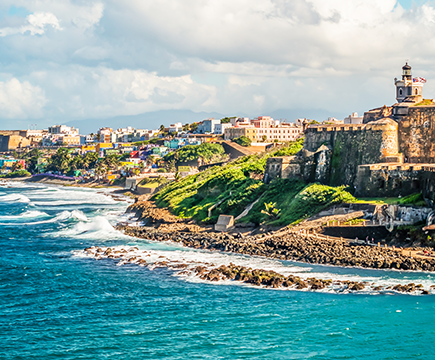 A helicopter overview of Old San Juan in Puerto Rico.